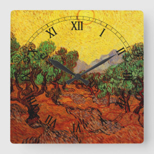 Relógio Quadrado Van Gogh Olive Trees com Céu Amarelo e Sol