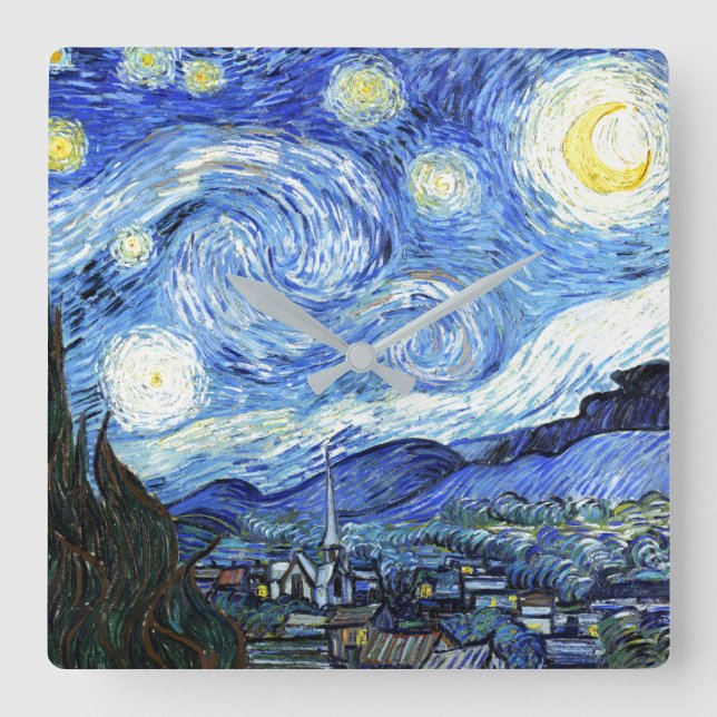 Relógio Quadrado Van Gogh Starry Night Impressionism Art Wall Clock (Frente)