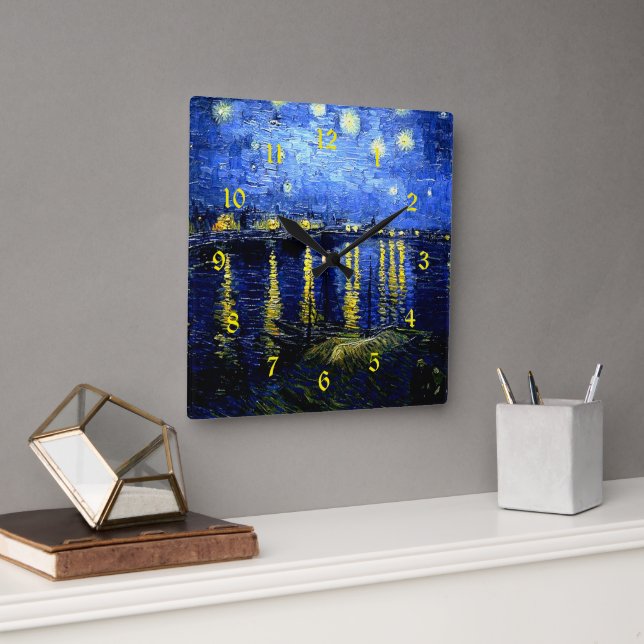 Relógio Quadrado Van Gogh, Starry Night sobre Rhone, (Escritório)