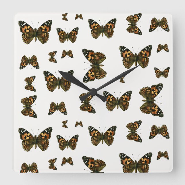 Relógio Quadrado Vanessa cardui - A Borboleta Dama Pintada (Frente)