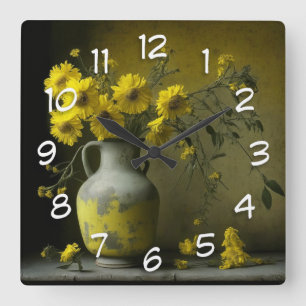 Relógio Quadrado Vaso Antigo de Flores Amarelas