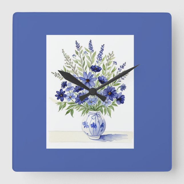 Relógio Quadrado Vaso de Muro de Flores Selvagens Branco Azul (Frente)