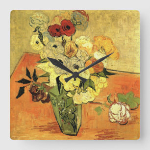 Relógio Quadrado Vaso Japonês, Rosas, Anêmonas por Vincent van Gogh