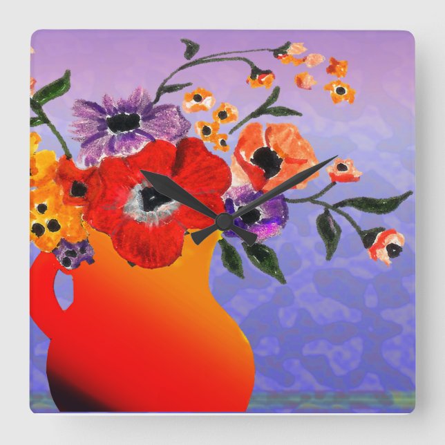 Relógio Quadrado Vaso Vermelho Brilhante de Flores (Frente)