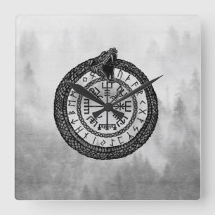 Relógio Quadrado Vegvisir com Ouroboros e corridas - escala cinzent