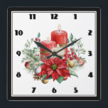 Relógio Quadrado Velas de Aquarela e Poinsettia Natal<br><div class="desc">Um relógio com um buquê bonito feito com aquarelas. Velas vermelhas com sotaques dourados e uma vela branca menor também. Cercado por um buquê de pinho com uma flor de poinsettia.</div>