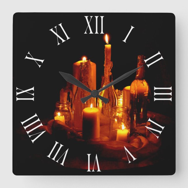 Relógio Quadrado velas românticas místicas madeira Wanduhr (Frente)