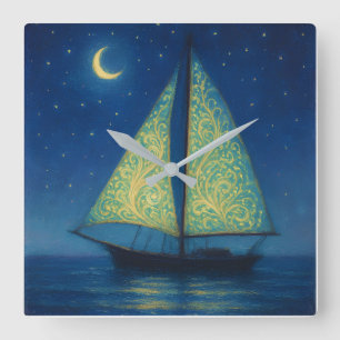 Relógio Quadrado Veleiro ao Luar - Estilo de Pintura Pastel Arte No