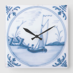 Relógio Quadrado Velho Barco à Vela Azul Branco Arte Delft