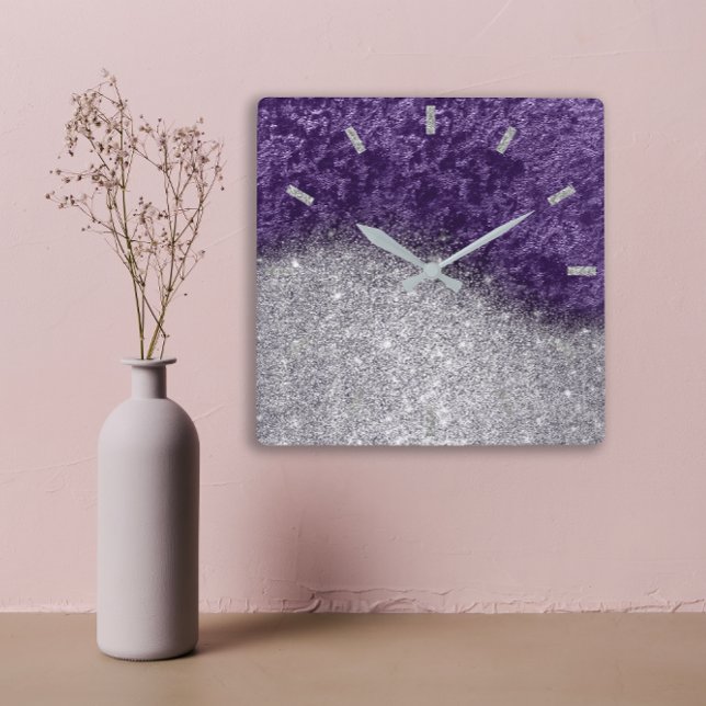 Relógio Quadrado Velvet de Cinza de Prata Violeta Roxa (Violet Purple Glitter Silver Gray Velvet Eggplant Square Wall Clock )