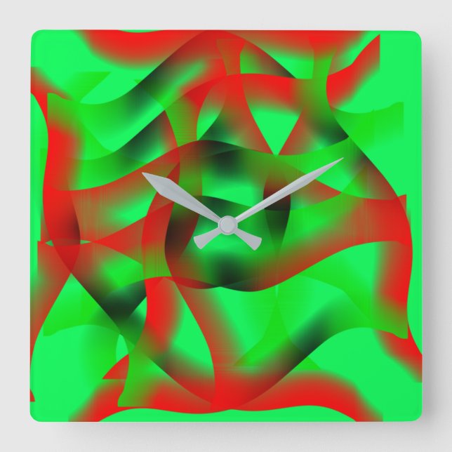 Relógio Quadrado Verde limão e ondulação vermelha clara, com sombra (Frente)