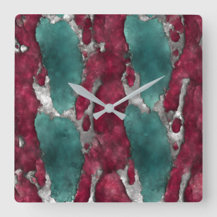 Relógio Quadrado Verdigris Abstrato & Rubi com Prata Metálica
