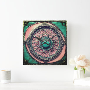Relógio Quadrado Verdigris modernos e tormalina de cor rosa
