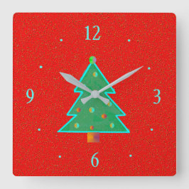 Relógio Quadrado Vermelho com Árvore Verde Aqua > Relógios de Natal