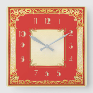 Relógio Quadrado Vermelho e ouro decorativos