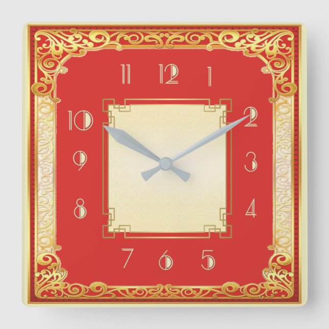Relógio Quadrado Vermelho e ouro decorativos (Frente)