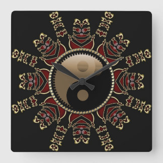 Relógio Quadrado Vermelho tribal+YinYang Dourado Sun geométrico