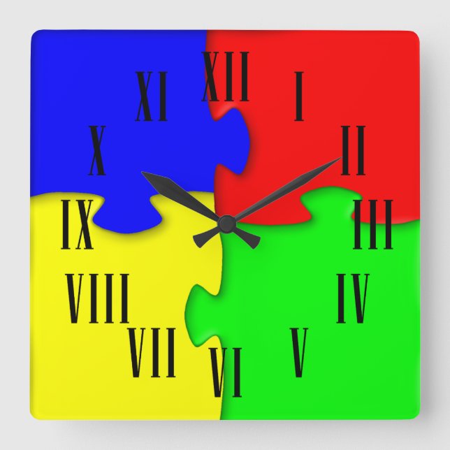 Relógio Quadrado Vermelhos Verdes Amarelas Vermelhos Pedaços Romano (Frente)