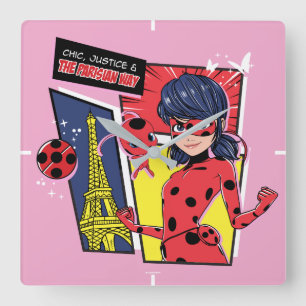 Relógio Quadrado Via Parisiense de Ladybug em Quadrinhos Miraculoso