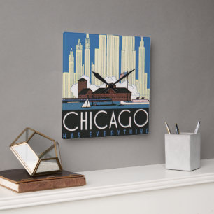 Relógio Quadrado Viagem Antiga Chicago Tem Tudo Silhueta da Cidade