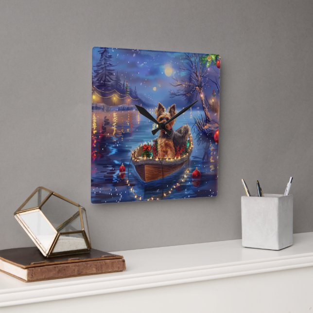 Relógio Quadrado Viagem Festiva de Natal de Biewer Terrier (Escritório)