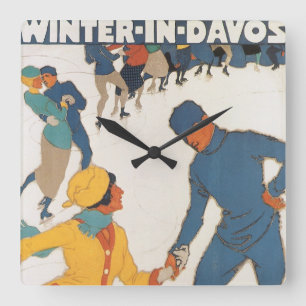 Relógio Quadrado Viagens Antigas, Art Déco, Inverno Davos Suíça