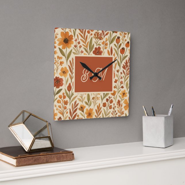Relógio Quadrado Vias de outono Russas e Monograma Floral (Escritório)