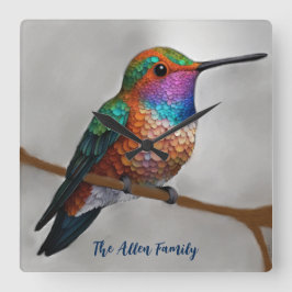 Relógio Quadrado Vibrant Allen’s Hummingbird Painting