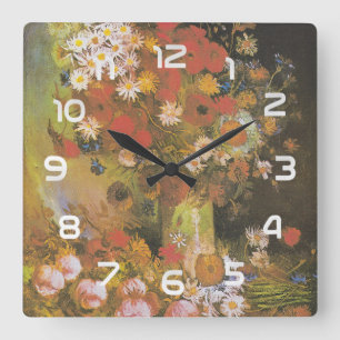 Relógio Quadrado Vida Morta Floral de Van Gogh Papoulas Vermelhas &