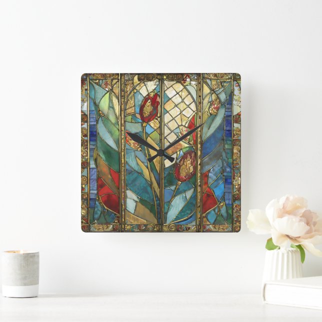 Relógio Quadrado Vidro Vermelho Chefe Poppies no nascer do Sol (Lar)