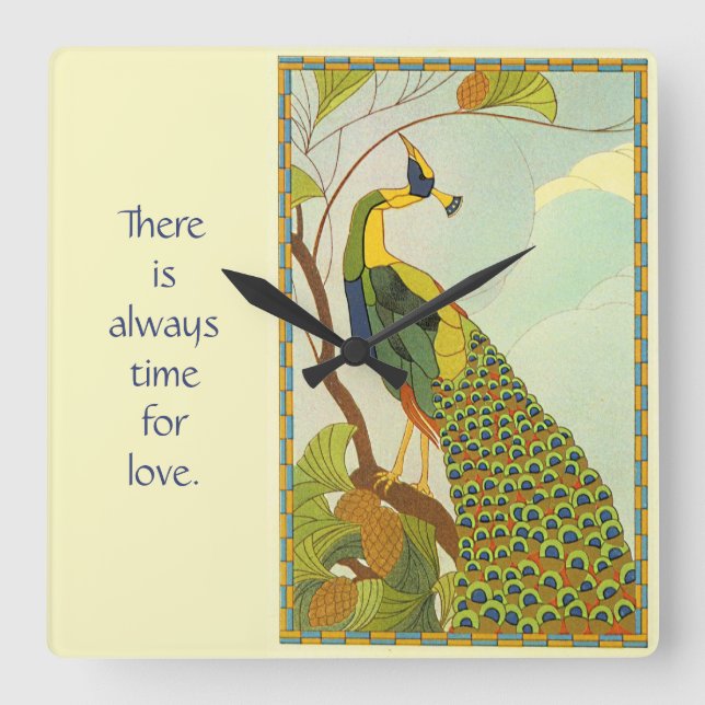 Relógio Quadrado Viennese Art Nouveau Peacock (Frente)