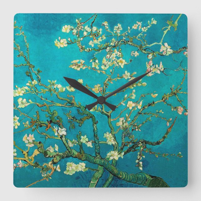 Relógio Quadrado Vincent Van Gogh Blossoming Almond Tree Arte Flora (Frente)