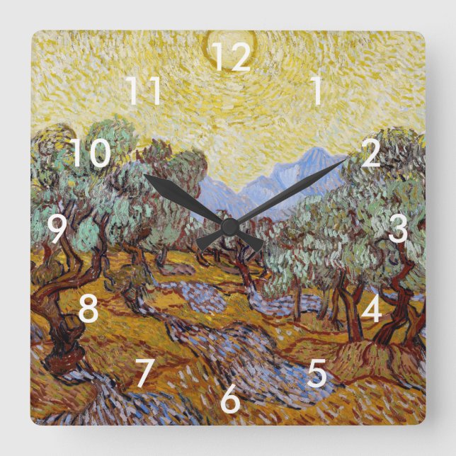 Relógio Quadrado Vincent van Gogh - Oliveiras, céu amarelo e sol (Frente)