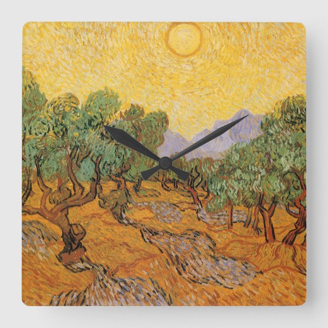 Relógio Quadrado Vincent van Gogh - Oliveiras, céu amarelo e sol (Frente)