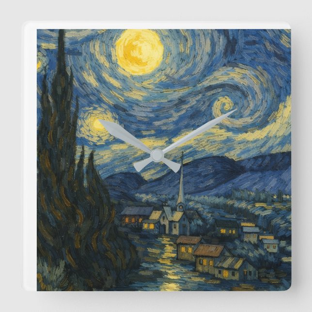 Relógio Quadrado Vincent van Gogh The Starry Night Wall Clock (Frente)