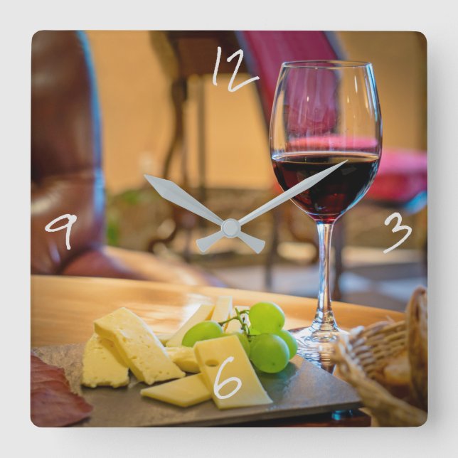 Relógio Quadrado Vinho e Queijo Ainda Vida Moderna Fotografia (Frente)