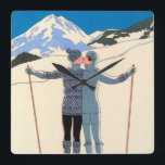 Relógio Quadrado Vintage Art Deco, Amantes na neve por George Barbi<br><div class="desc">Ilustração Vintage arte deco love and romance design apresentando um homem e uma mulher beijando nas encostas de esqui de um belo resort. Um jovem casal de beijo de férias em uma montanha coberta de neve no inverno. L'Hiver (também conhecido por Winter: Lovers in the Snow), do artista George Barbier,...</div>