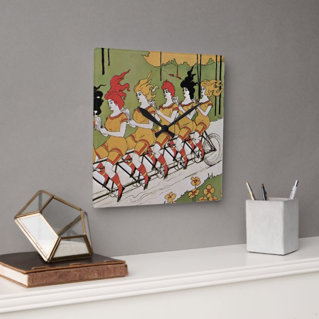 Relógio Quadrado Vintage Art Nouveau, Bicicleta Tandem (Escritório)