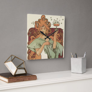 Relógio Quadrado Vintage Art Nouveau por Mucha, Partido do Champanh