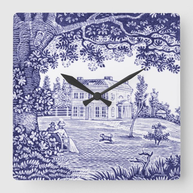 Relógio Quadrado Vintage Blue Toile Country Declock Francês (Frente)