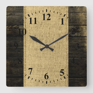 Relógio Quadrado Vintage Burlap Rustic Wood Look 4