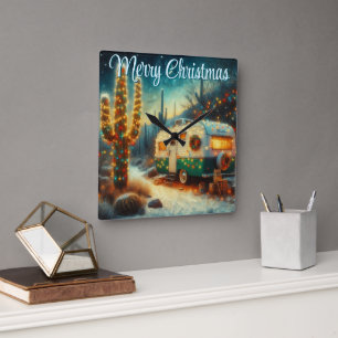 Relógio Quadrado Vintage Camper Christmas no deserto personalizado