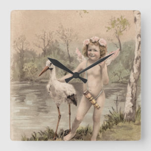 Relógio Quadrado Vintage Cherub com Stork pelo Lago