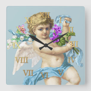 Relógio Quadrado Vintage Clock Roman Numerals Cherub Blue