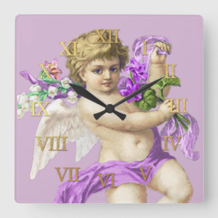 Relógio Quadrado Vintage Clock Roman Numerals Cherub Purple