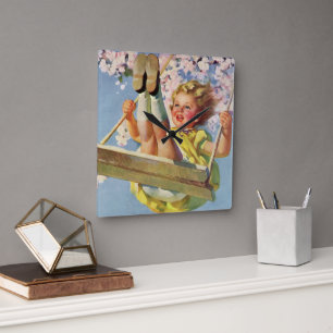 Relógio Quadrado Vintage do balanço, menina balançando em uma árvor