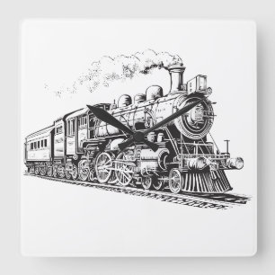 Relógio Quadrado Vintage do comboio - Vintage Graphic Design Sketch