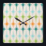 Relógio Quadrado Vintage Geometric Starbursts Square Wall Clock<br><div class="desc">Vintage. Geometrics. Starbursts. If you love any of those words, this retro Vintage Geometric Starbursts Wall Clock is for you. This mid century modern design features a cream background with rows of turquoise, lime green, orange, and teal starbursts. This mod design pairs beautifully with Strange Little Onion’s Retro Atomic Mobile...</div>