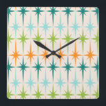 Relógio Quadrado Vintage Geometric Starbursts Square Wall Clock<br><div class="desc">Vintage. Geometrics. Starbursts. If you love any of those words, this retro Vintage Geometric Starbursts Wall Clock is for you. This mid century modern design features a cream background with rows of turquoise, lime green, orange, and teal starbursts. This mod design pairs beautifully with Strange Little Onion’s Retro Atomic Mobile...</div>
