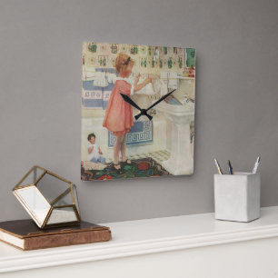 Relógio Quadrado Vintage Girl, Criança Fazendo Roupas De Banheira